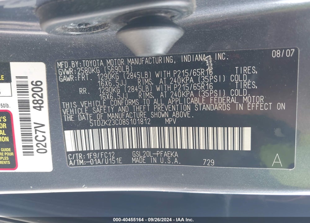 2008 TOYOTA SIENNA LE VIN: 5TDZK23C08S101812