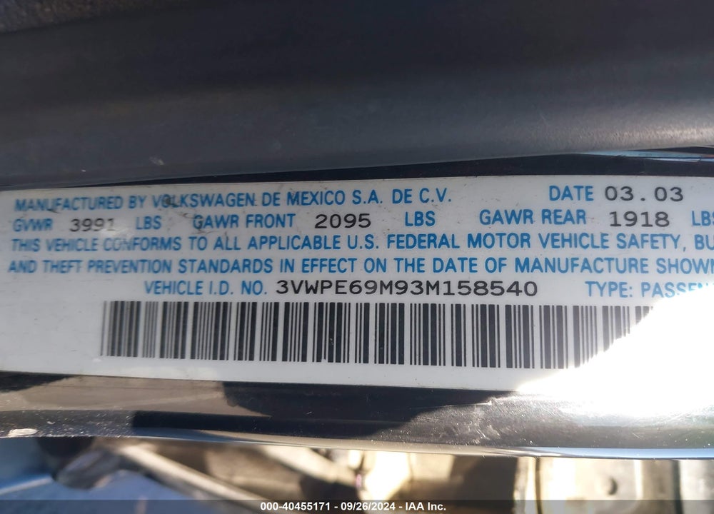 2003 VOLKSWAGEN JETTA WOLFSBURG EDITION VIN: 3VWPE69M93M158540