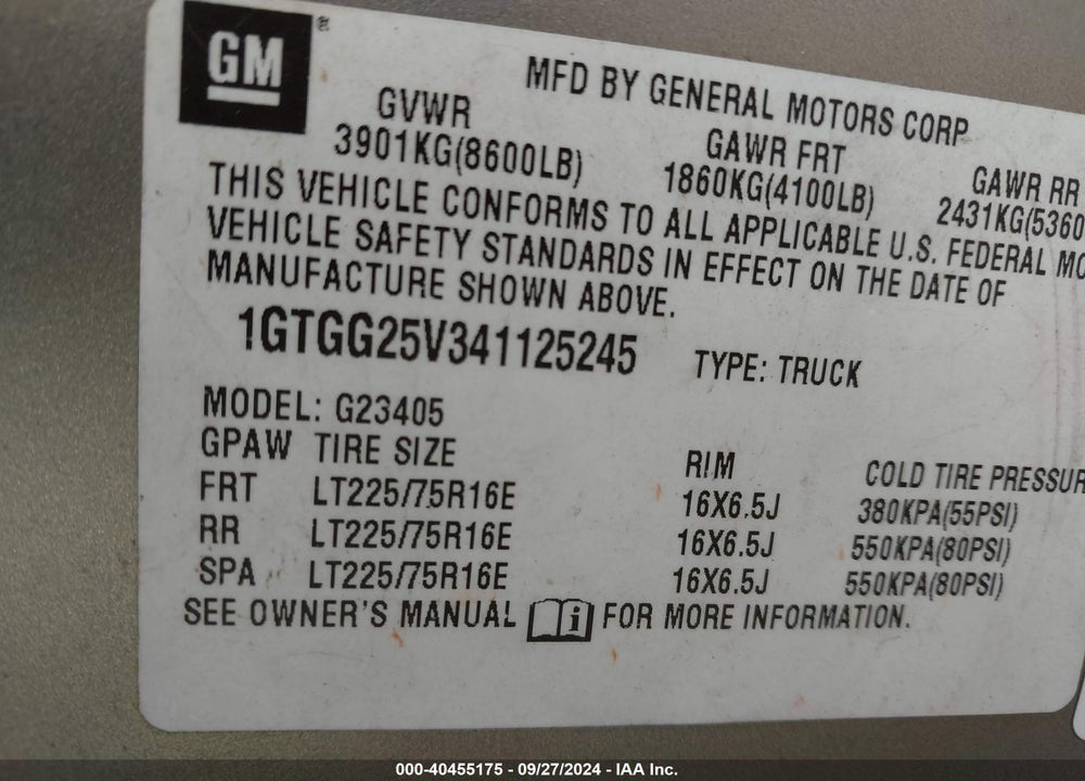 2004 GMC SAVANA STANDARD VIN: 1GTGG25V341125245