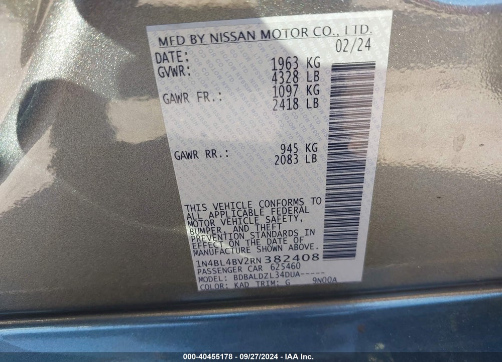 2024 NISSAN ALTIMA S FWD VIN: 1N4BL4BV2RN382408