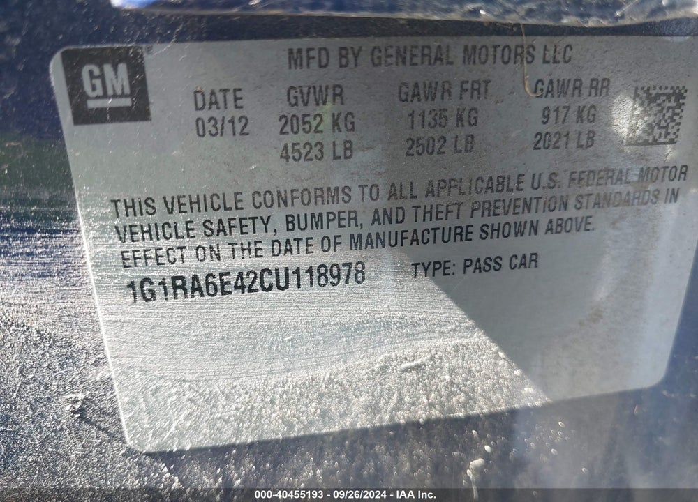 2012 CHEVROLET VOLT VIN: 1G1RA6E42CU118978