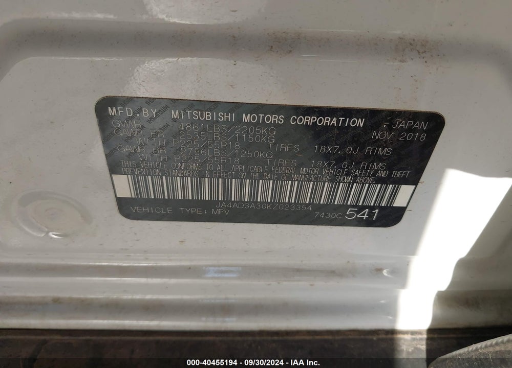 2019 MITSUBISHI OUTLANDER SEL VIN: JA4AD3A30KZ023354