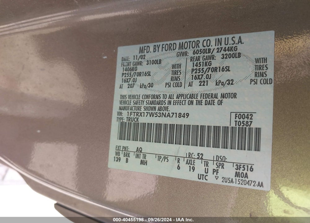 2003 FORD F-150 LARIAT/XL/XLT VIN: 1FTRX17W53NA71849