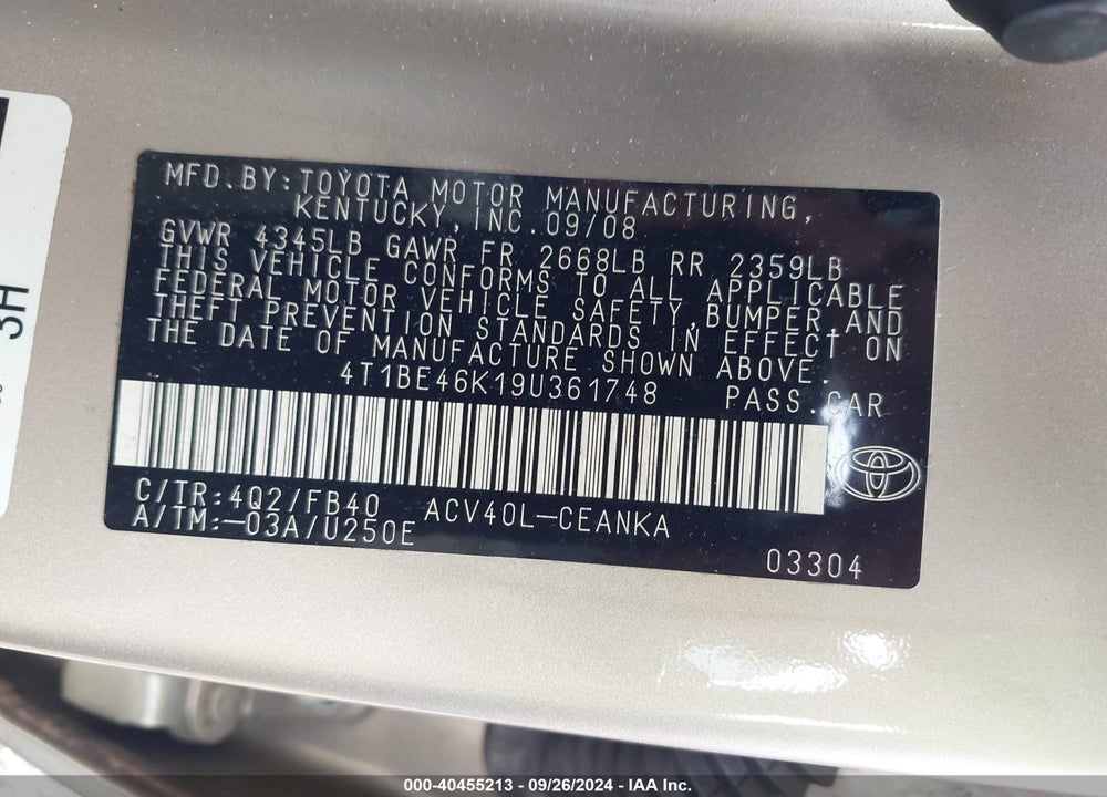 2009 TOYOTA CAMRY VIN: 4T1BE46K19U361748