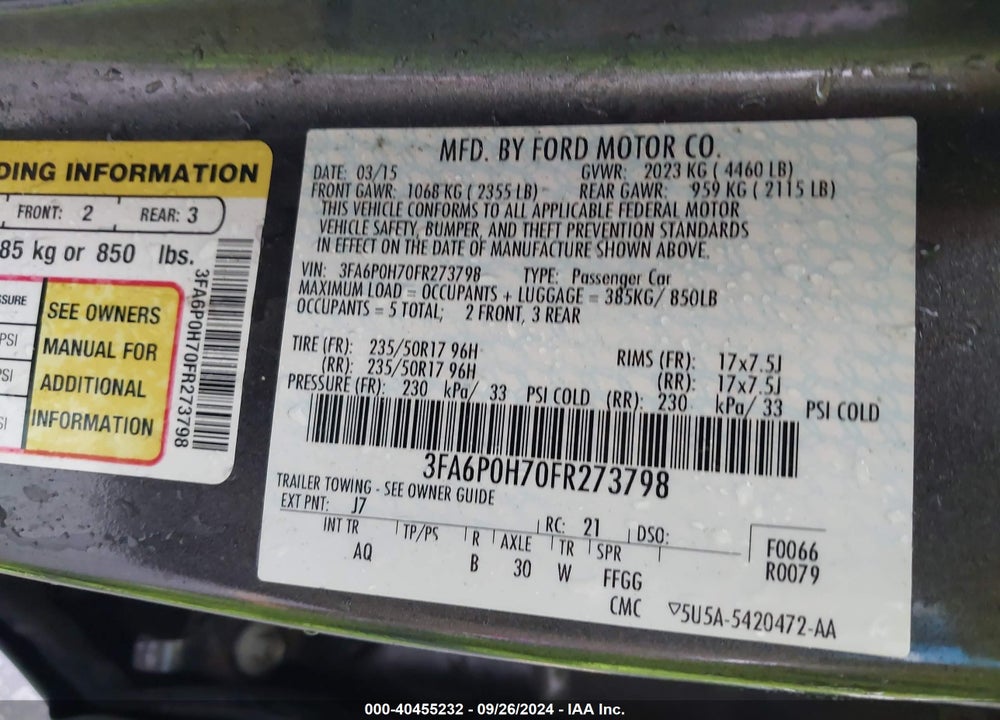 2015 FORD FUSION SE VIN: 3FA6P0H70FR273798