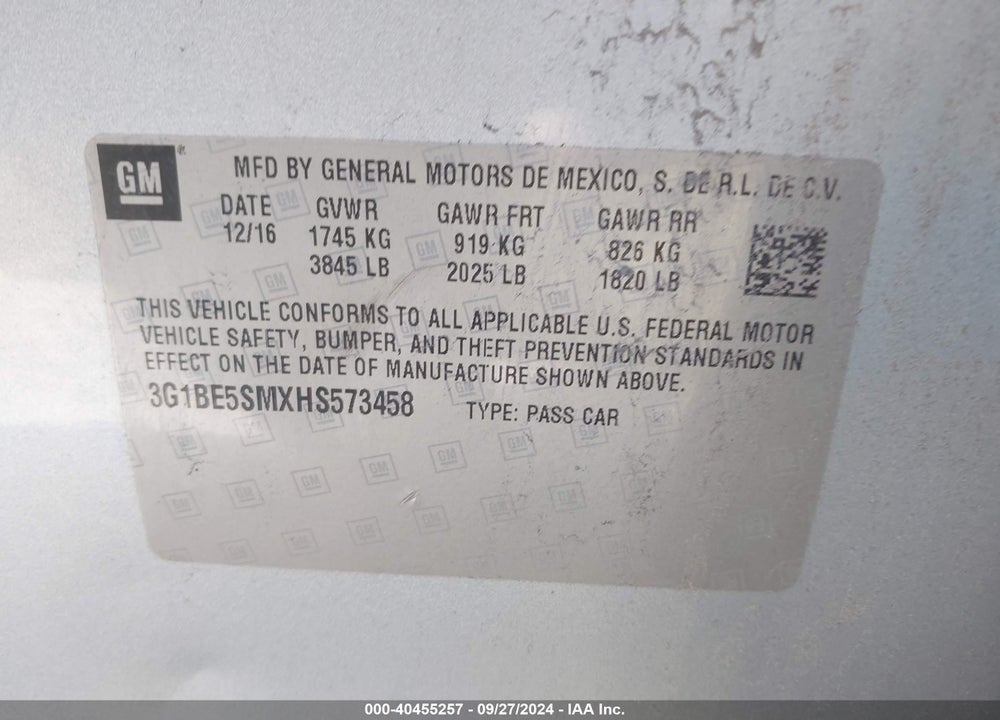 2017 CHEVROLET CRUZE LT AUTO VIN: 3G1BE5SMXHS573458