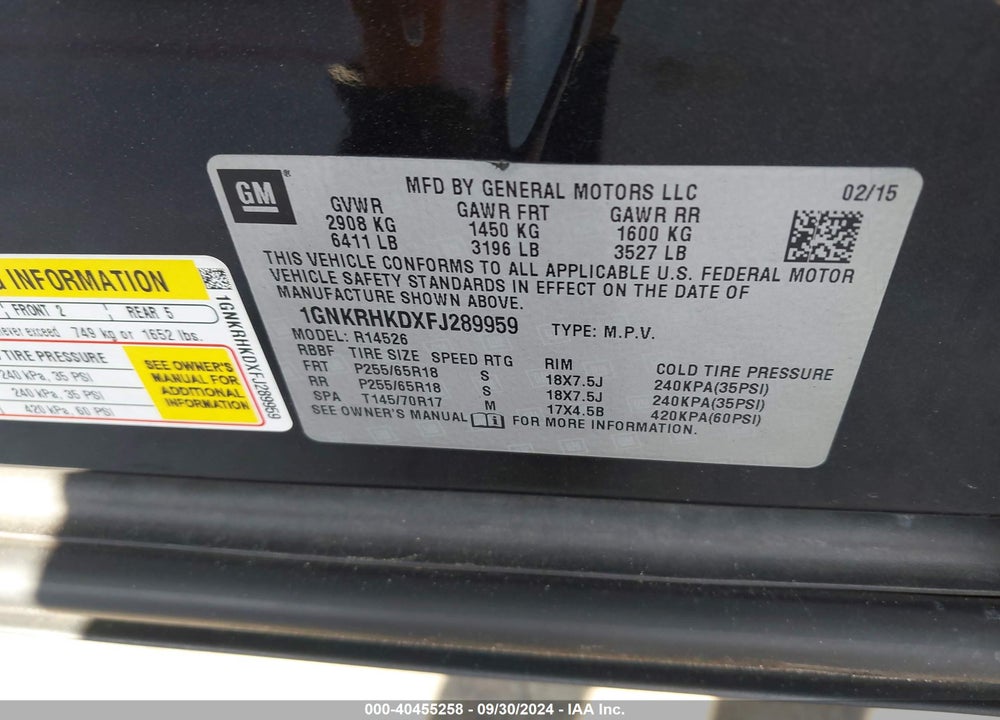 2015 CHEVROLET TRAVERSE 2LT VIN: 1GNKRHKDXFJ289959