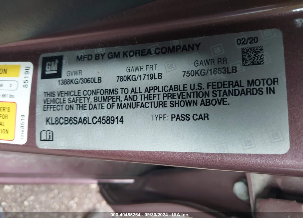 2020 CHEVROLET SPARK FWD LS AUTOMATIC VIN: KL8CB6SA6LC458914