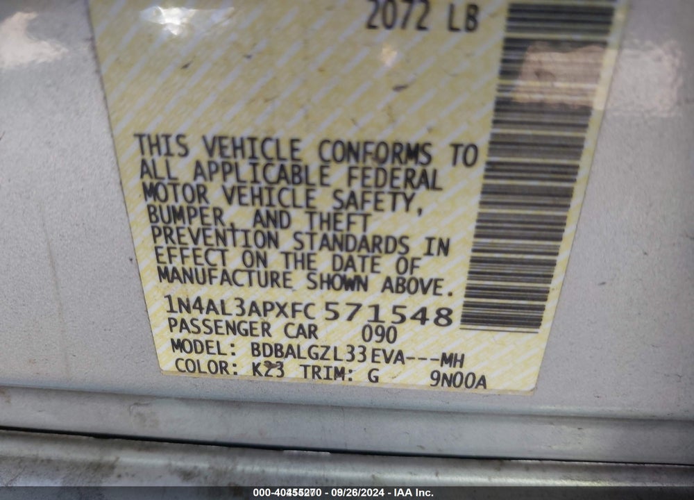 2015 NISSAN ALTIMA 2.5 S VIN: 1N4AL3APXFC571548