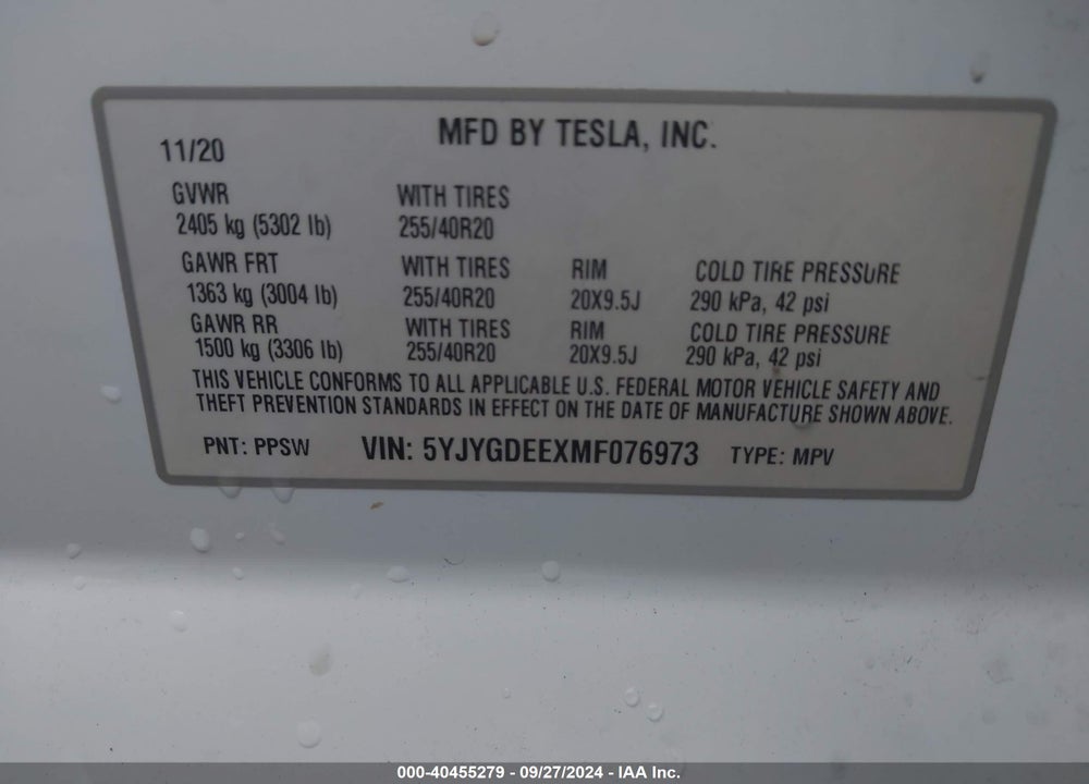 2021 TESLA MODEL Y LONG RANGE DUAL MOTOR ALL-WHEEL DRIVE VIN: 5YJYGDEEXMF076973