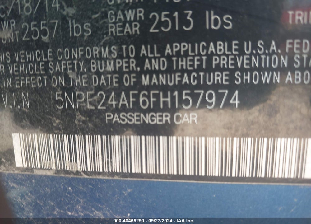 2015 HYUNDAI SONATA SE VIN: 5NPE24AF6FH157974