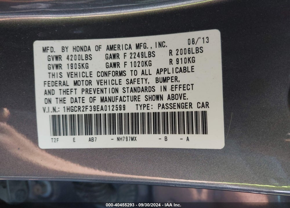 2014 HONDA ACCORD LX VIN: 1HGCR2F39EA012599