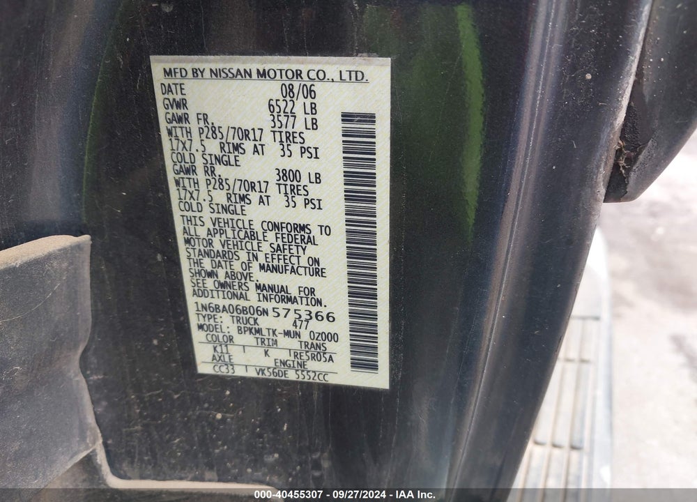 2006 NISSAN TITAN SE VIN: 1N6BA06B06N575366