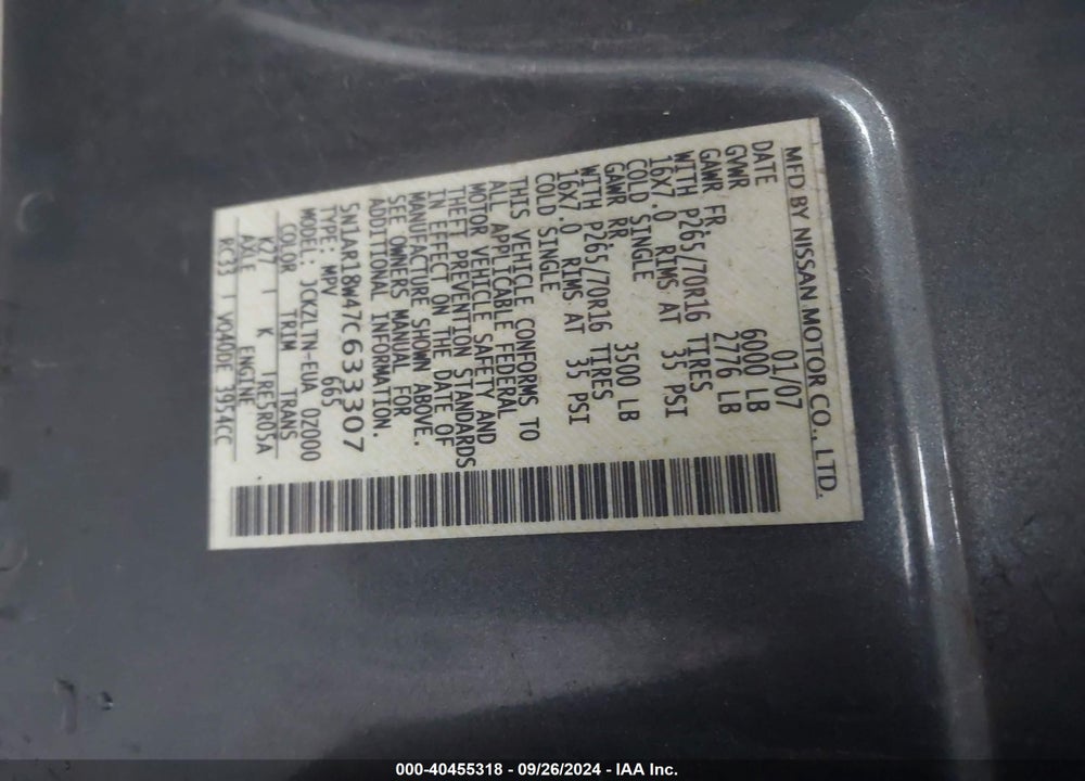 2007 NISSAN PATHFINDER SE VIN: 5N1AR18W47C633307