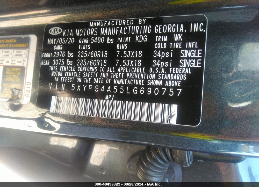 2020 KIA SORENTO 3.3L LX VIN: 5XYPG4A55LG690757