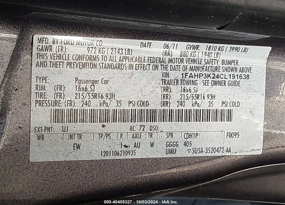 2012 FORD FOCUS SE VIN: 1FAHP3K24CL191638