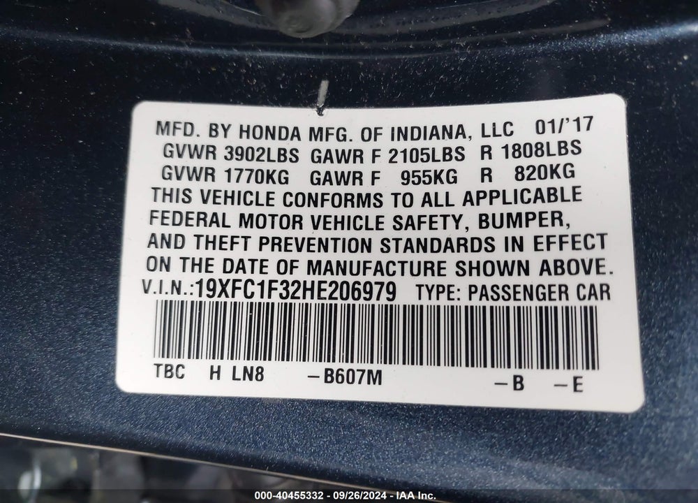 2017 HONDA CIVIC EX-T VIN: 19XFC1F32HE206979