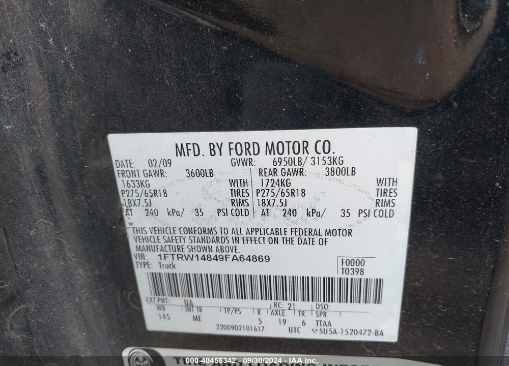 2009 FORD F-150 XL/XLT VIN: 1FTRW14849FA64869