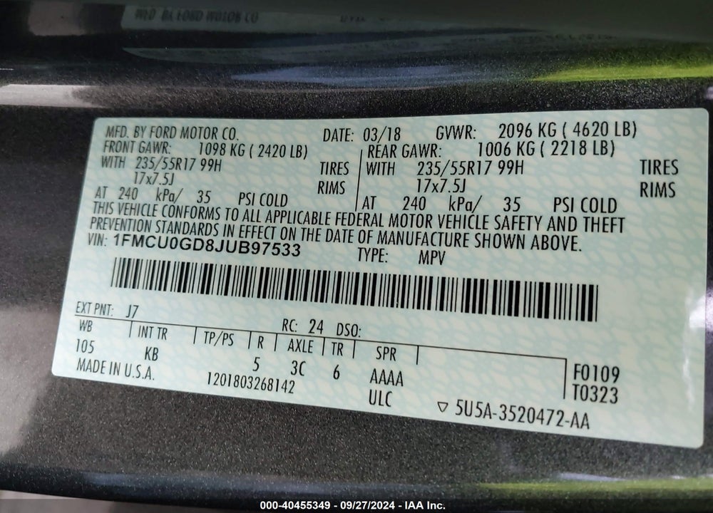 2018 FORD ESCAPE SE VIN: 1FMCU0GD8JUB97533