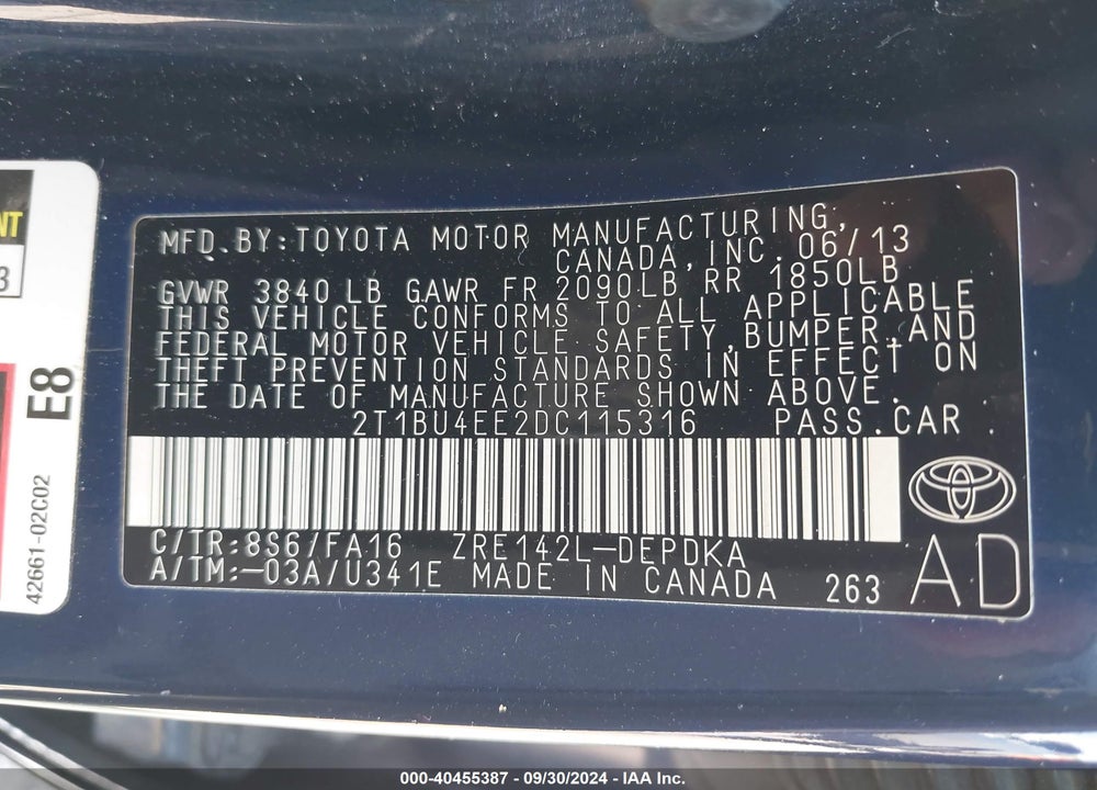 2013 TOYOTA COROLLA L VIN: 2T1BU4EE2DC115316