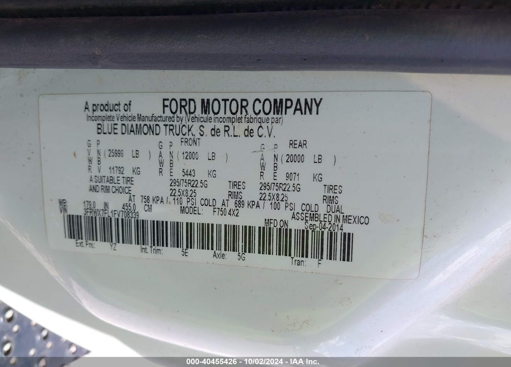 2015 FORD F-750 XL/XLT VIN: 3FRWX7FL1FV708339