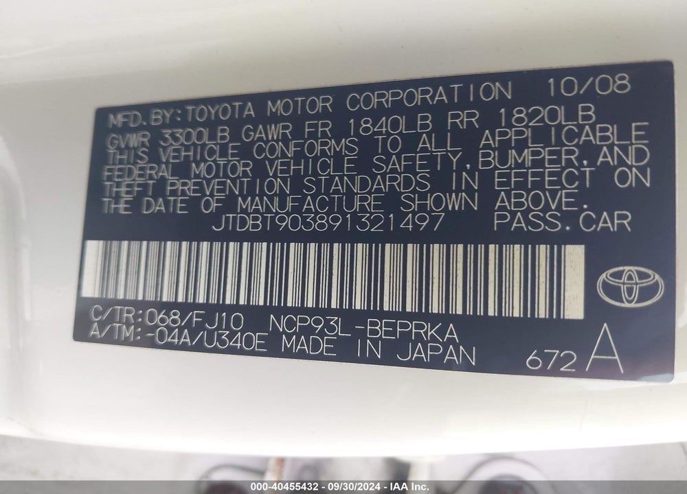 2009 TOYOTA YARIS VIN: JTDBT903891321497