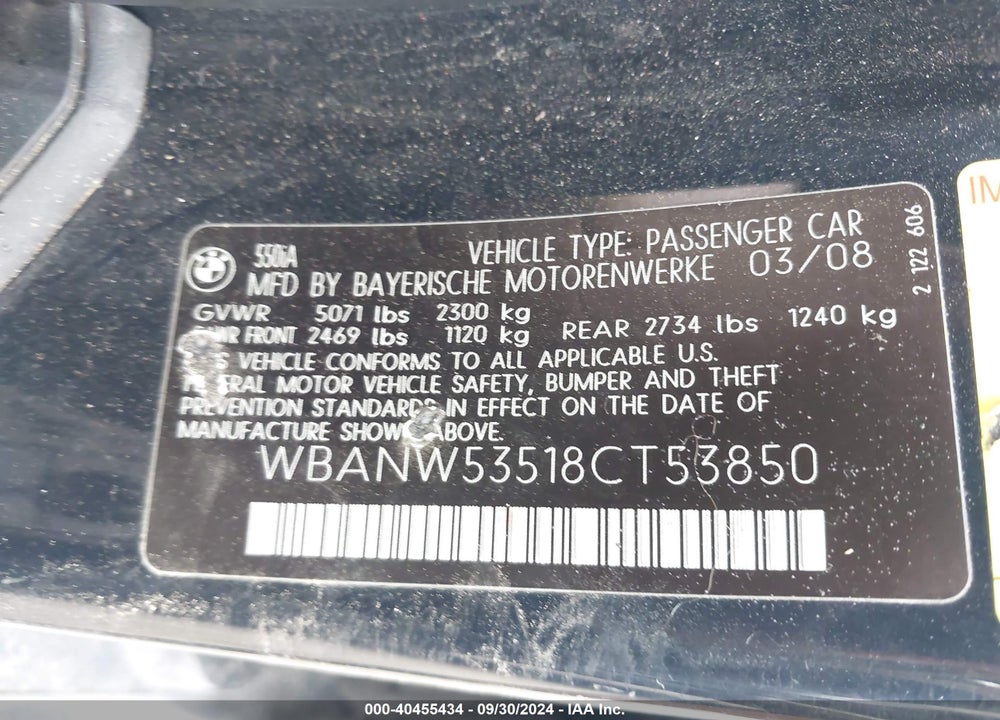 2008 BMW 550I VIN: WBANW53518CT53850