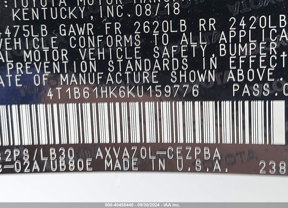 2019 TOYOTA CAMRY XSE VIN: 4T1B61HK6KU159776