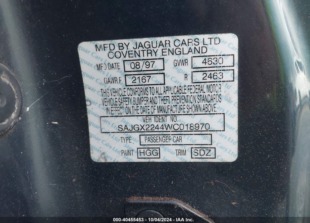 1998 JAGUAR XK8 VIN: SAJGX2244WC018970