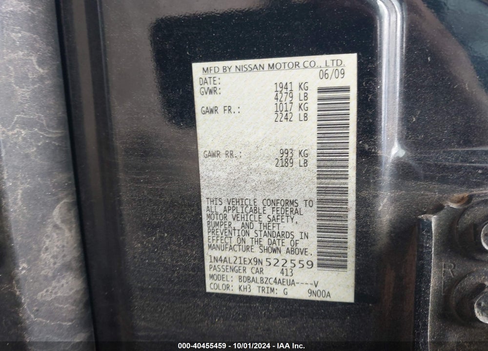 2009 NISSAN ALTIMA 2.5 S VIN: 1N4AL21EX9N522559
