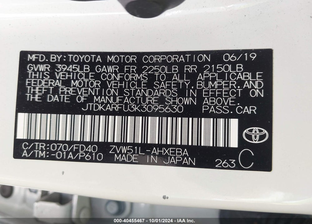2019 TOYOTA PRIUS LE VIN: JTDKARFU3K3095630