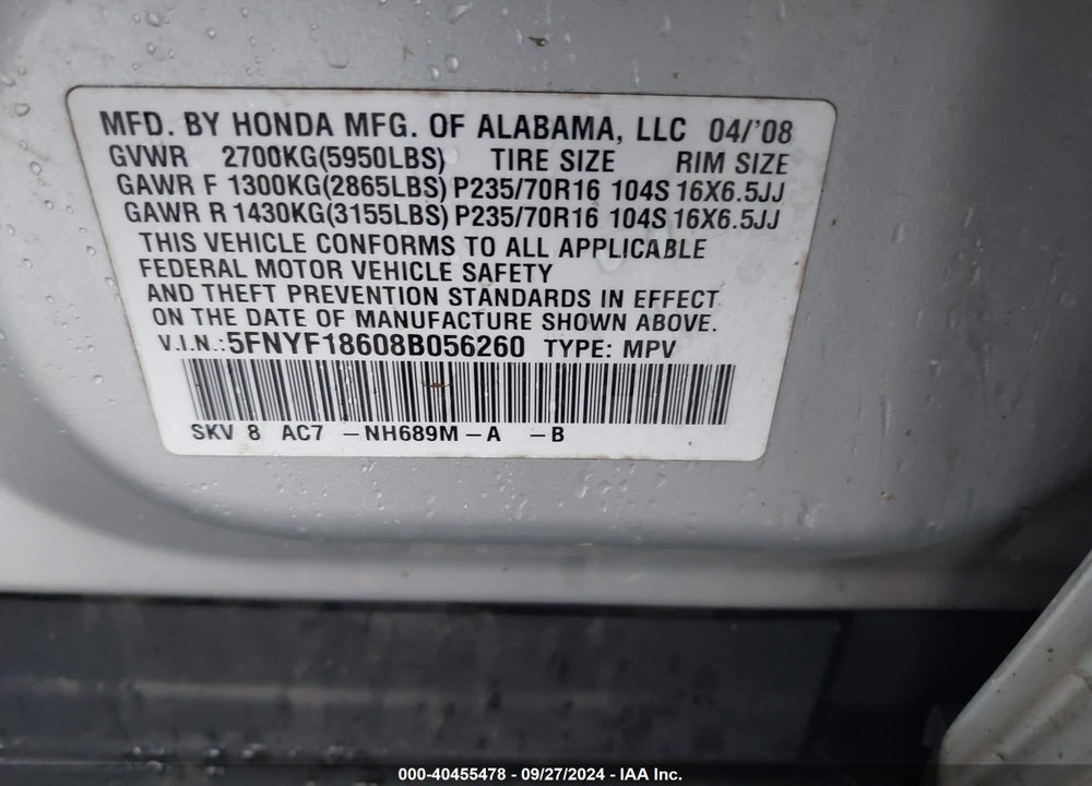 2008 HONDA PILOT EX-L VIN: 5FNYF18608B056260