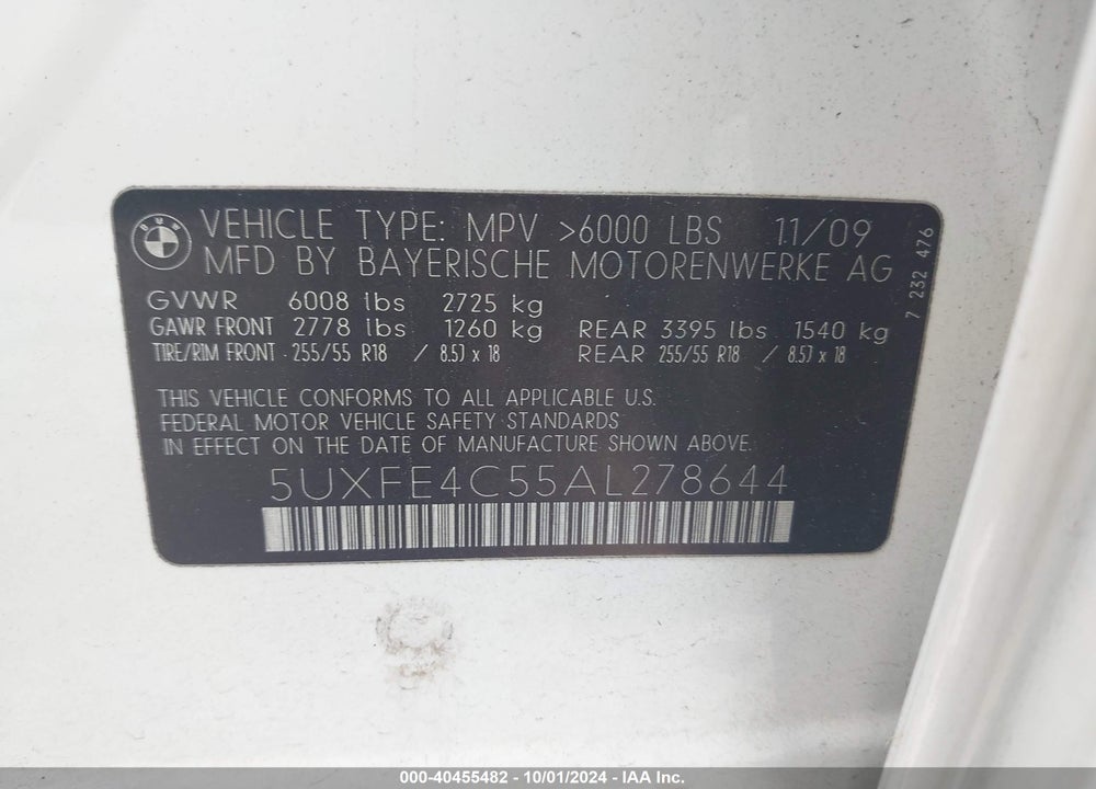 2010 BMW X5 XDRIVE30I VIN: 5UXFE4C55AL278644