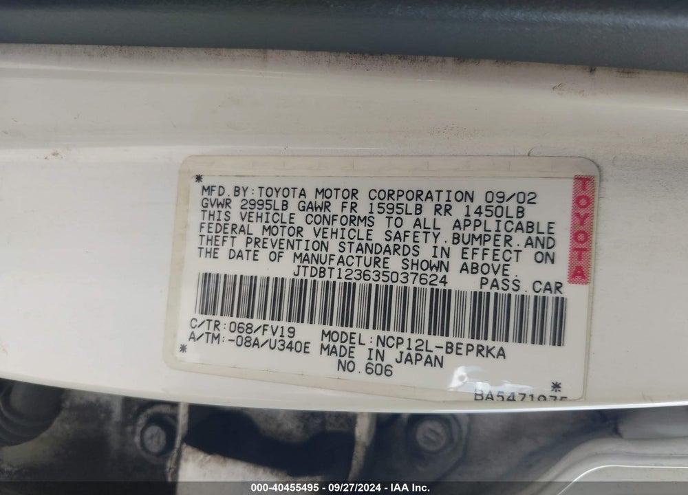 2003 TOYOTA ECHO VIN: JTDBT123635037624