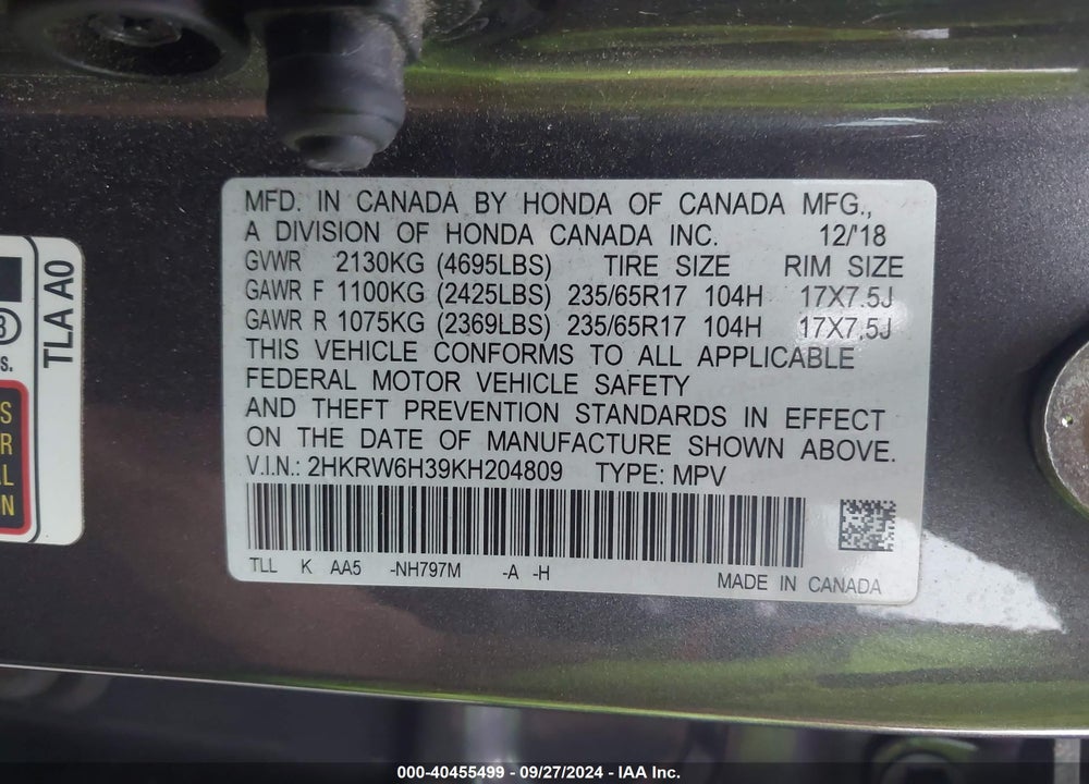 2019 HONDA CR-V LX VIN: 2HKRW6H39KH204809