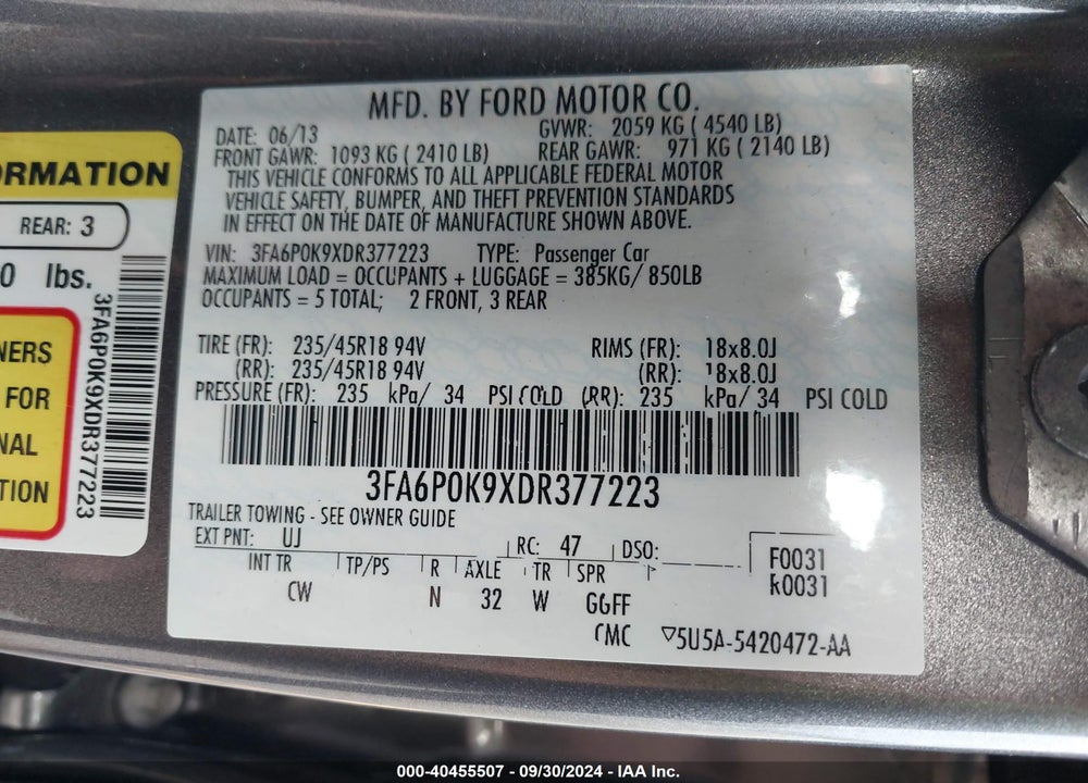 2013 FORD FUSION TITANIUM VIN: 3FA6P0K9XDR377223