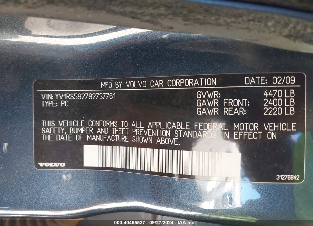 2009 VOLVO S60 2.5T/2.5T SPECIAL EDITION VIN: YV1RS592792737761