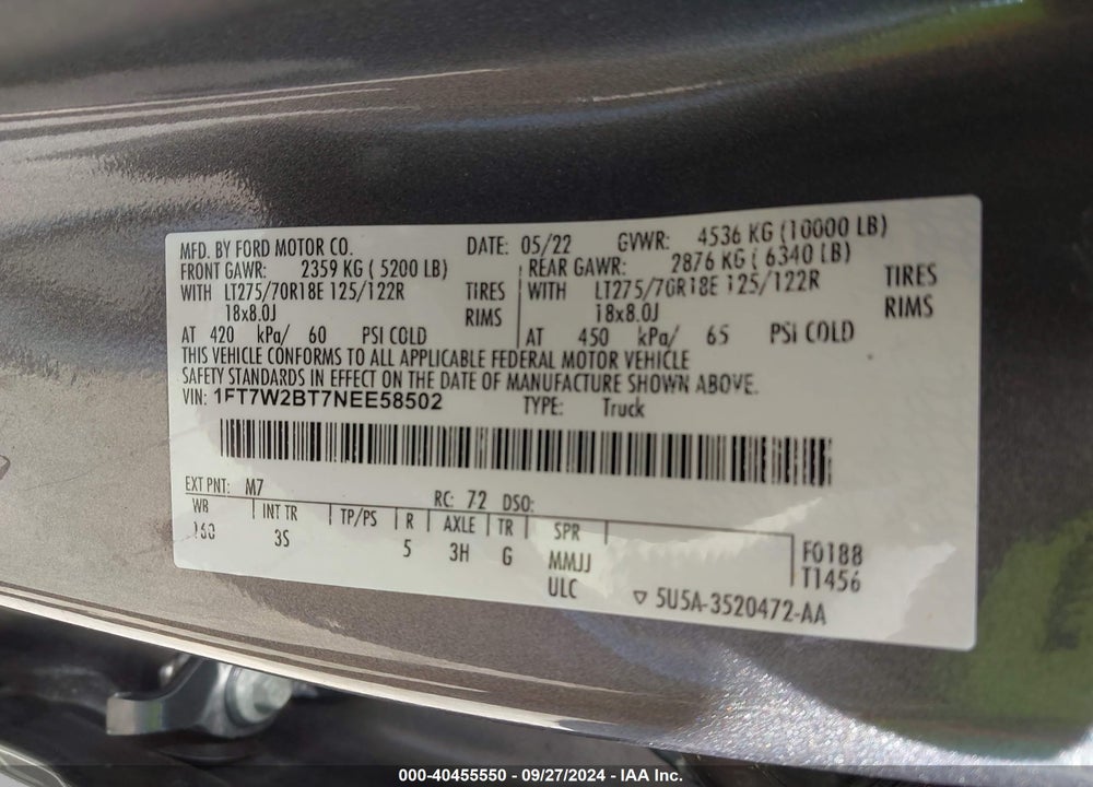 2022 FORD F-250 XLT VIN: 1FT7W2BT7NEE58502
