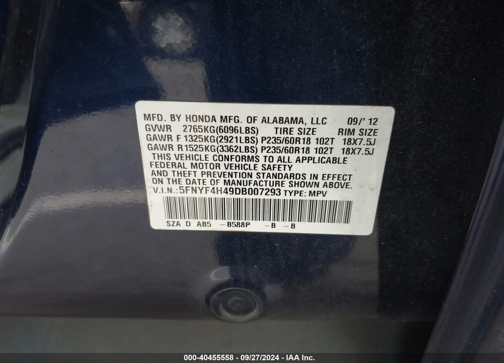2013 HONDA PILOT EX VIN: 5FNYF4H49DB007293