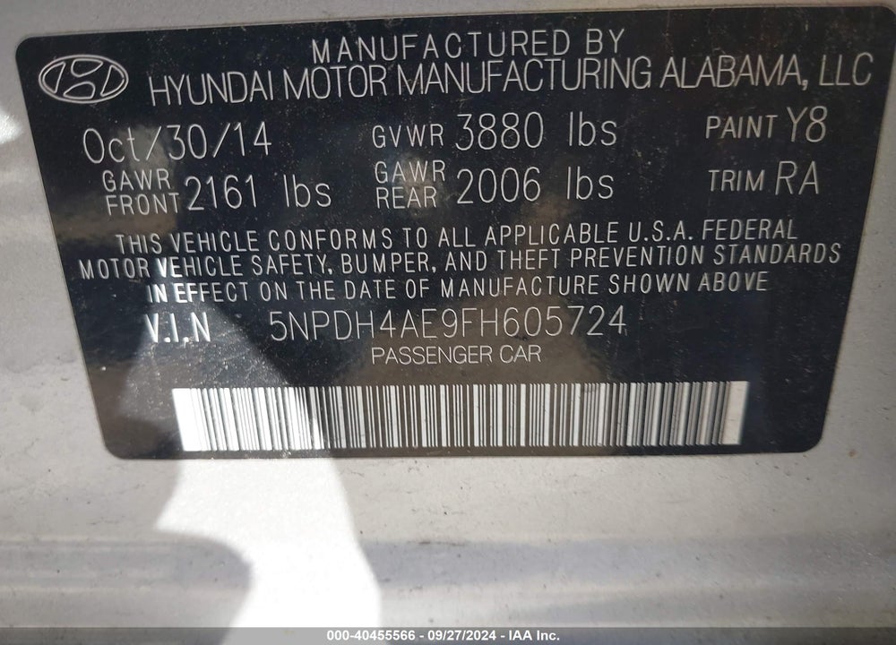 2015 HYUNDAI ELANTRA SE VIN: 5NPDH4AE9FH605724