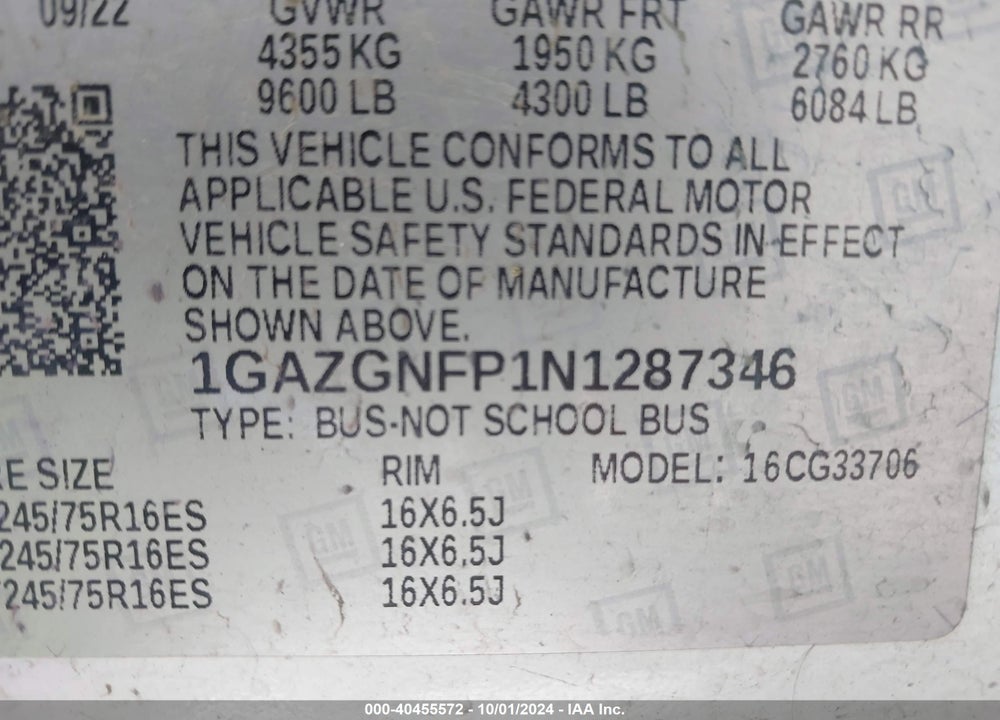 2022 CHEVROLET EXPRESS PASSENGER RWD 3500 EXTENDED WHEELBASE LS VIN: 1GAZGNFP1N1287346