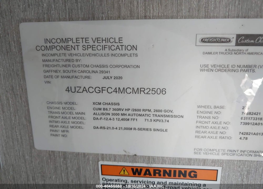 2021 FREIGHTLINER CHASSIS XC VIN: 4UZACGFC4MCMR2506