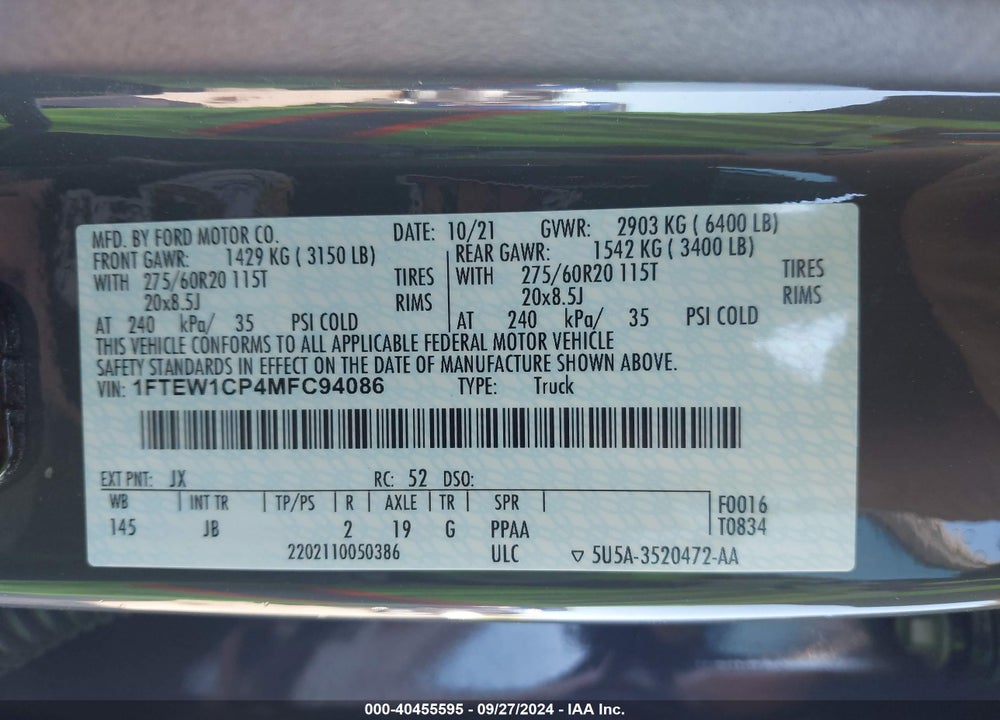 2021 FORD F-150 XL VIN: 1FTEW1CP4MFC94086