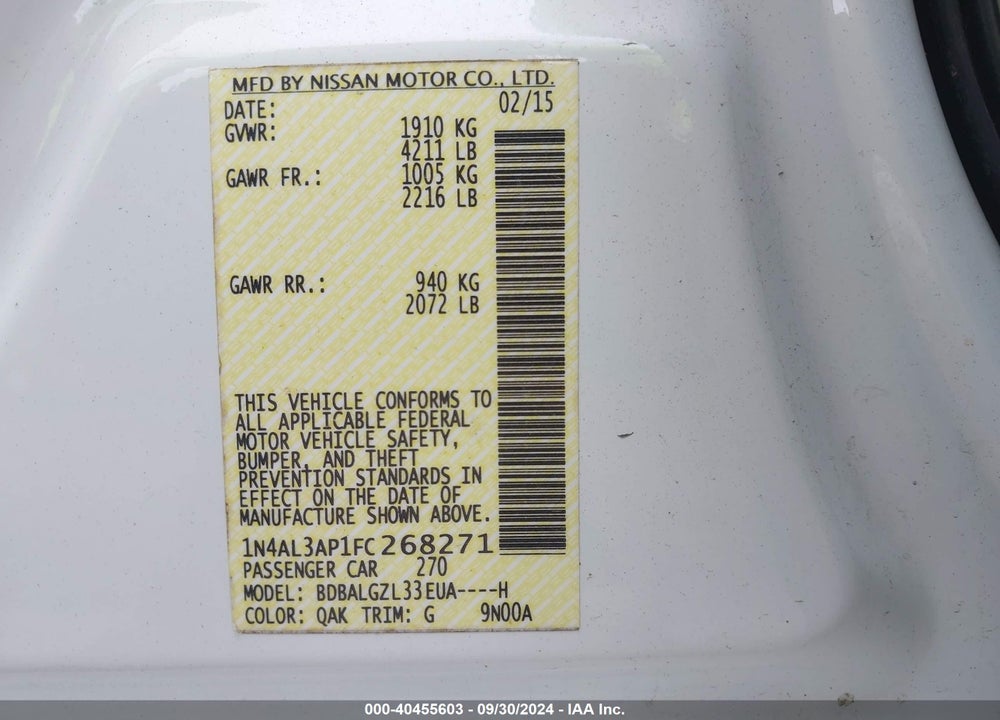 2015 NISSAN ALTIMA 2.5/2.5 S/2.5 SL/2.5 SV VIN: 1N4AL3AP1FC268271