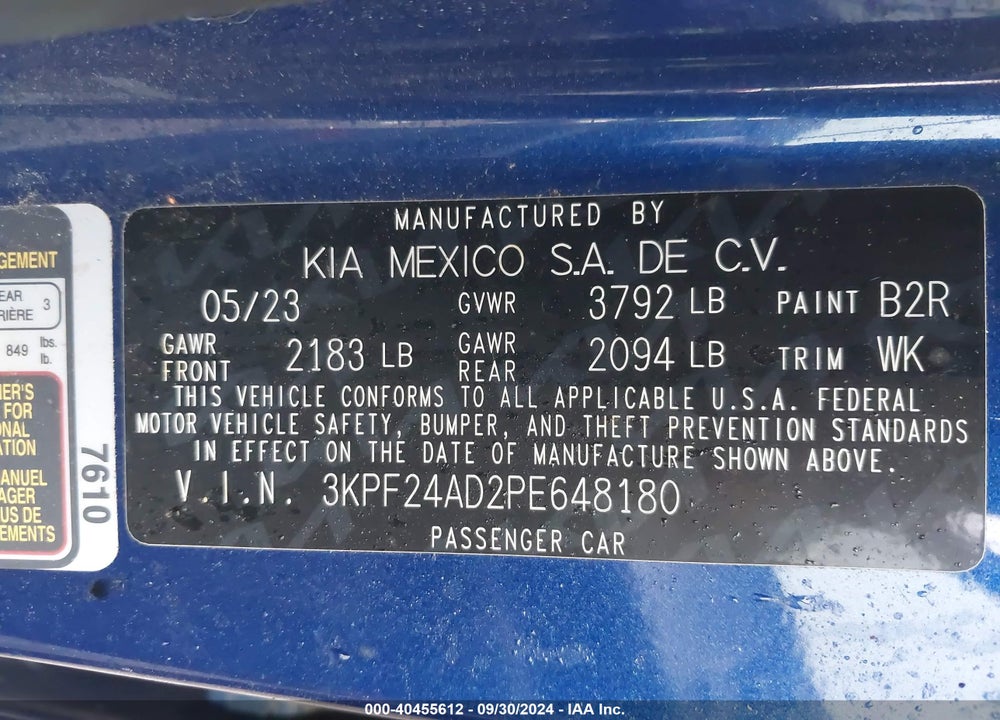 2023 KIA FORTE LXS VIN: 3KPF24AD2PE648180