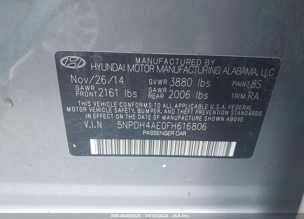 2015 HYUNDAI ELANTRA SE VIN: 5NPDH4AE0FH616806