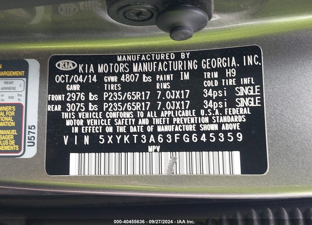 2015 KIA SORENTO LX VIN: 5XYKT3A63FG645359
