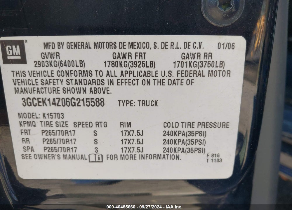 2006 CHEVROLET SILVERADO 1500 WORK TRUCK VIN: 3GCEK14Z06G215588