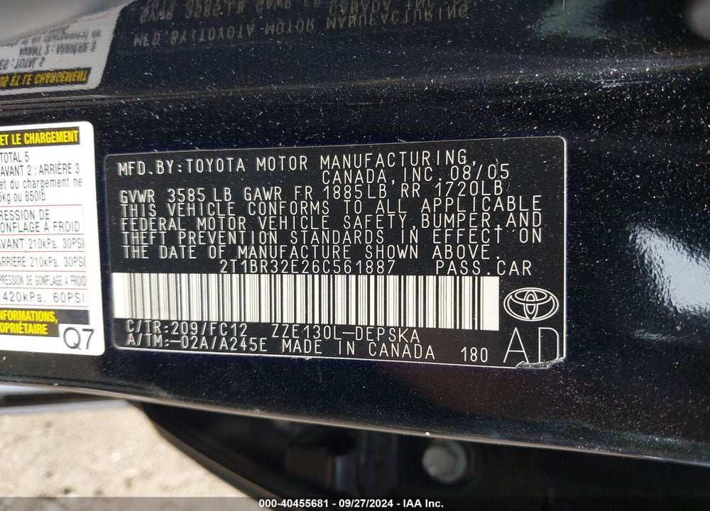 2006 TOYOTA COROLLA S VIN: 2T1BR32E26C561887
