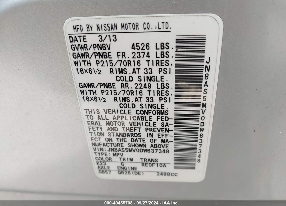 2013 NISSAN ROGUE S VIN: JN8AS5MV0DW637348